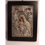 A STERLING SILVER BYZANTINE STYLE ICON, 19cm x 14cm approx.