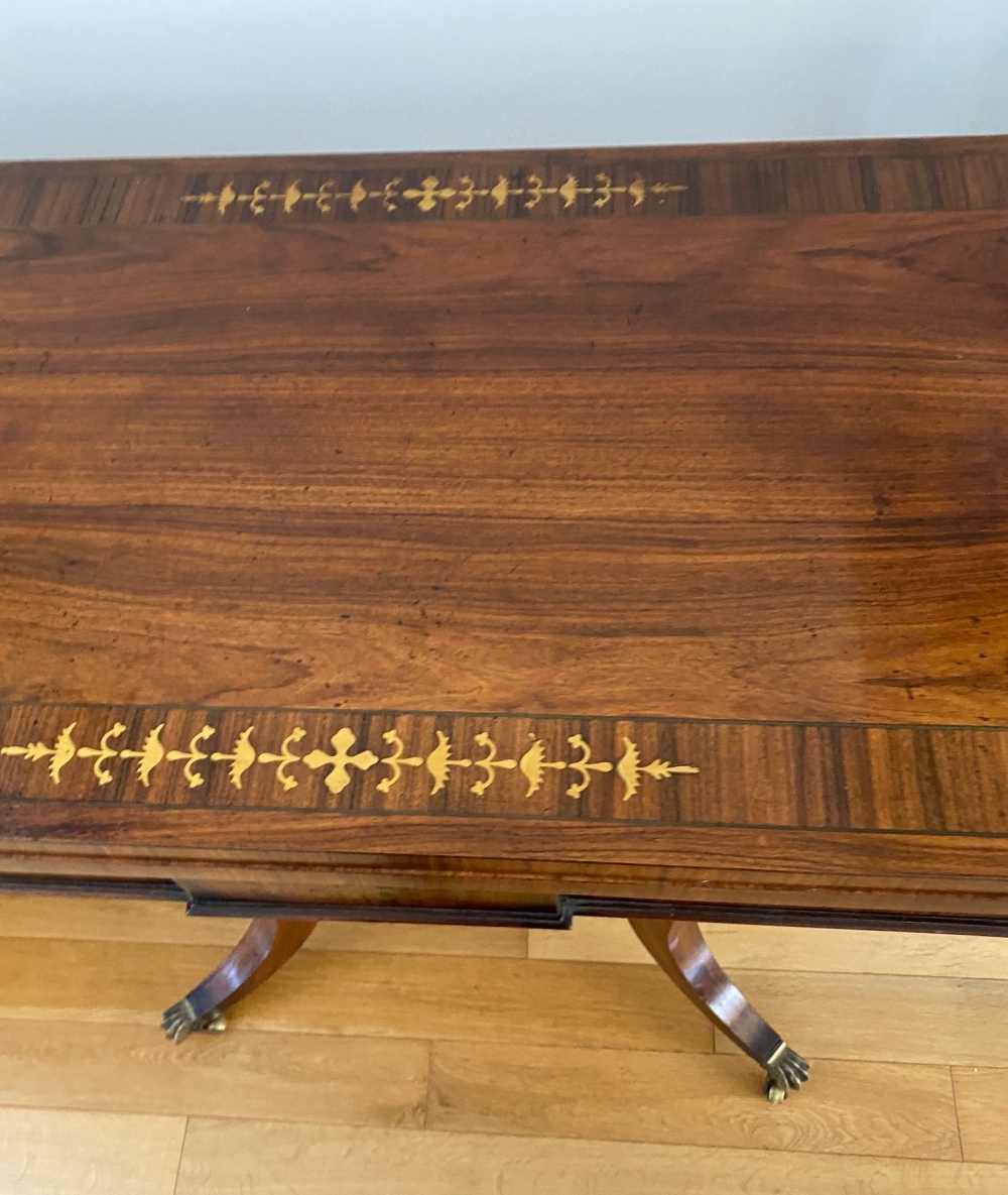 A VERY FINE PAIR OF FOLD OVER ROSEWOOD CARD TABLES, each with brass inlaid decoration, the tops open - Image 8 of 12