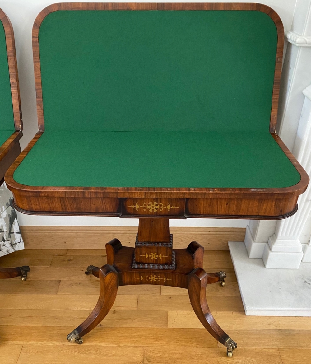 A VERY FINE PAIR OF FOLD OVER ROSEWOOD CARD TABLES, each with brass inlaid decoration, the tops open - Image 12 of 12