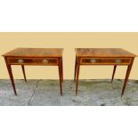 A FINE PAIR OF GEORGIAN STYLE MAHOGANY AND SATINWOOD SIDE TABLES, each with cross banded top with wo