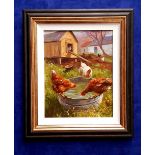 DONAL MCNAUGHTON, THE CHICKEN COUP, oil on board, signed lower right, 62.25 x 74cm approx frame, 51