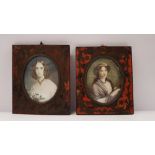 A PAIR OF FRAMED MINIATURE PORTRAITS, both in tortoiseshell boulle frames, (i) portrait of a girl ho