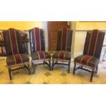 A SET OF FIVE LEATHER AND VELVET UPHOLSTERED MAHOGANY CHAIRS, with fringe detail