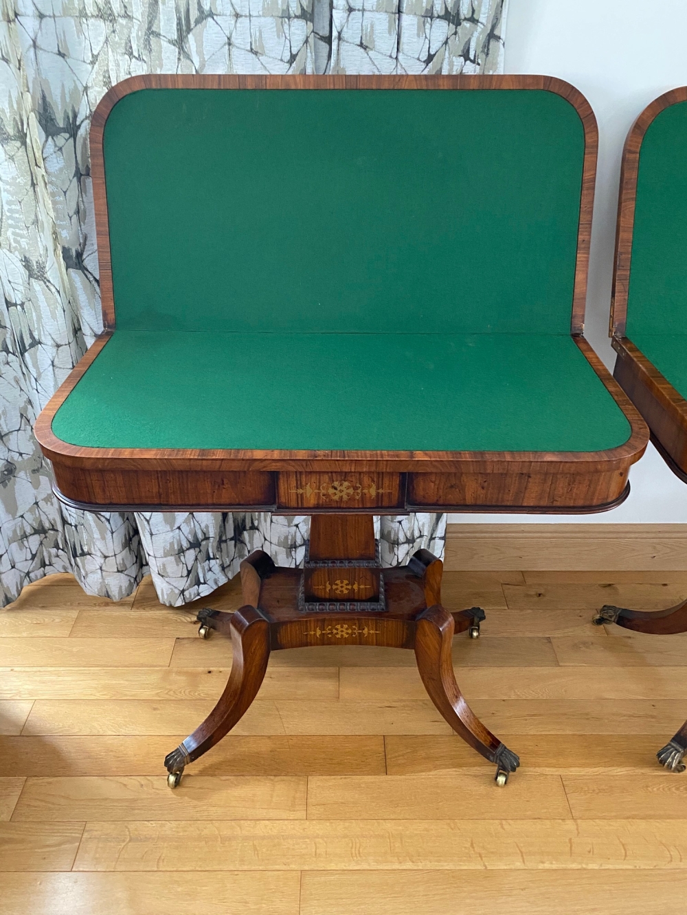 A VERY FINE PAIR OF FOLD OVER ROSEWOOD CARD TABLES, each with brass inlaid decoration, the tops open - Image 11 of 12