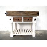 A TWO DRAWER PINE BUTCHER’S BLOCK STAND, H 36 inches x L 39 inches x D 24 inches approx.