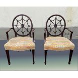 A FINE PAIR OF HEPPLEWHITE STYLE SPIDER WEB BACK ARM CHAIRS, each with a an oval shaped back rest, w
