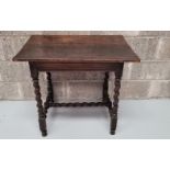 AN 18TH CENTURY SIDE TABLE raised on turned barley twist legs, united by barley twist stretcher, 79.