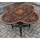 A GOOD QUALITY FRENCH MARQUETRY INLAID DROP LEAF OCCASSIONAL TABLE, with mixed woods, decorated all