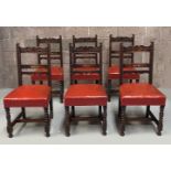 A SET OF EIGHT 19TH CENTURY JACKOBEAN STYLE OAK CHAIRS, on barley twist legs, largest 112cm x 55cm x