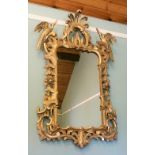 A FANTASTIC LARGE GILT WALL MIRROR, in the carved Chippendale style, decorated with Ho-Ho birds, fru