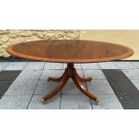 A GOOD QUALITY MAHOGANY AND CROSSBANDED SATINWOOD OVAL SHAPED DINING TABLE, raised on four down swep