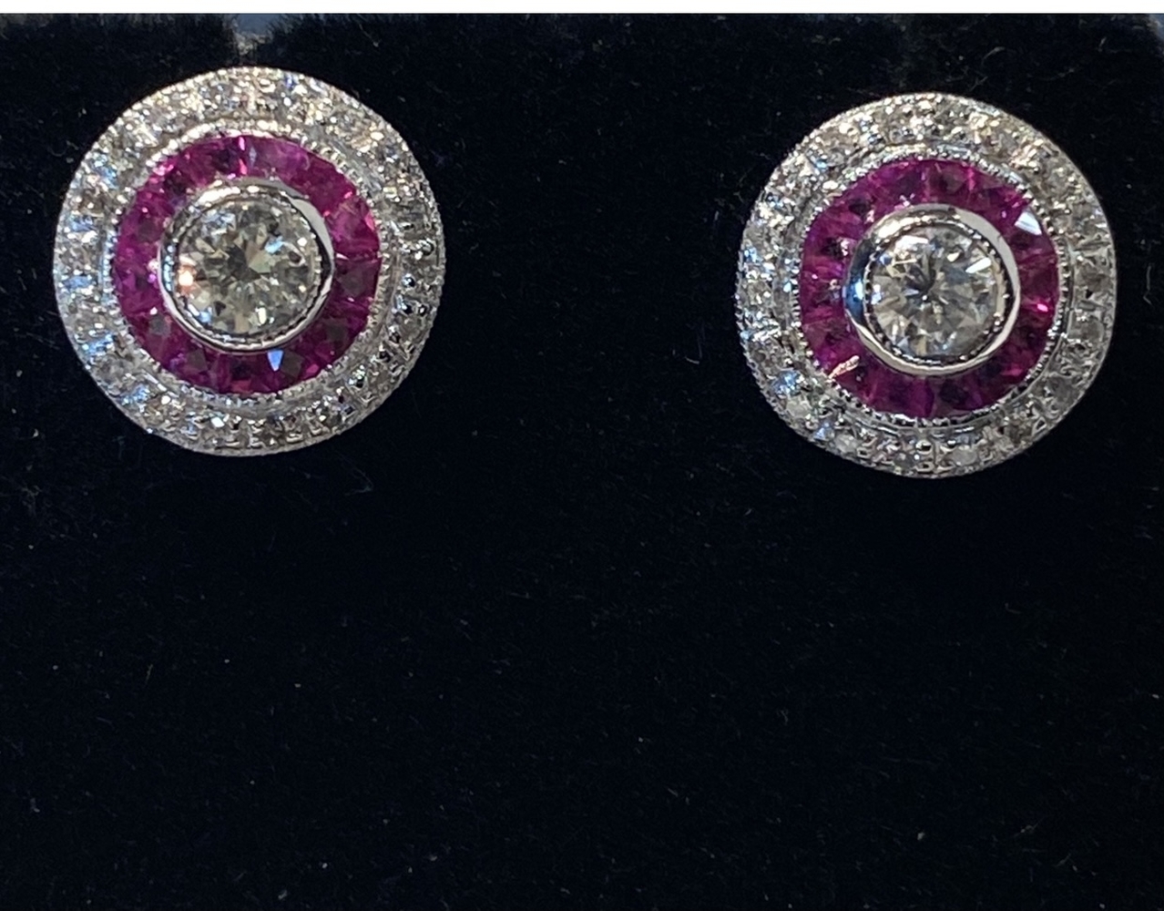 A PAIR OF 18CT WHITE GOLD TARGET STYLE RUBY & DIAMOND EARRINGS, with 2.40cts approx. - Image 2 of 2