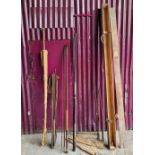 A MIXED LOT OF FISHING RODS, various sizes, some bamboo, with a wooden case, includes 5 rods.