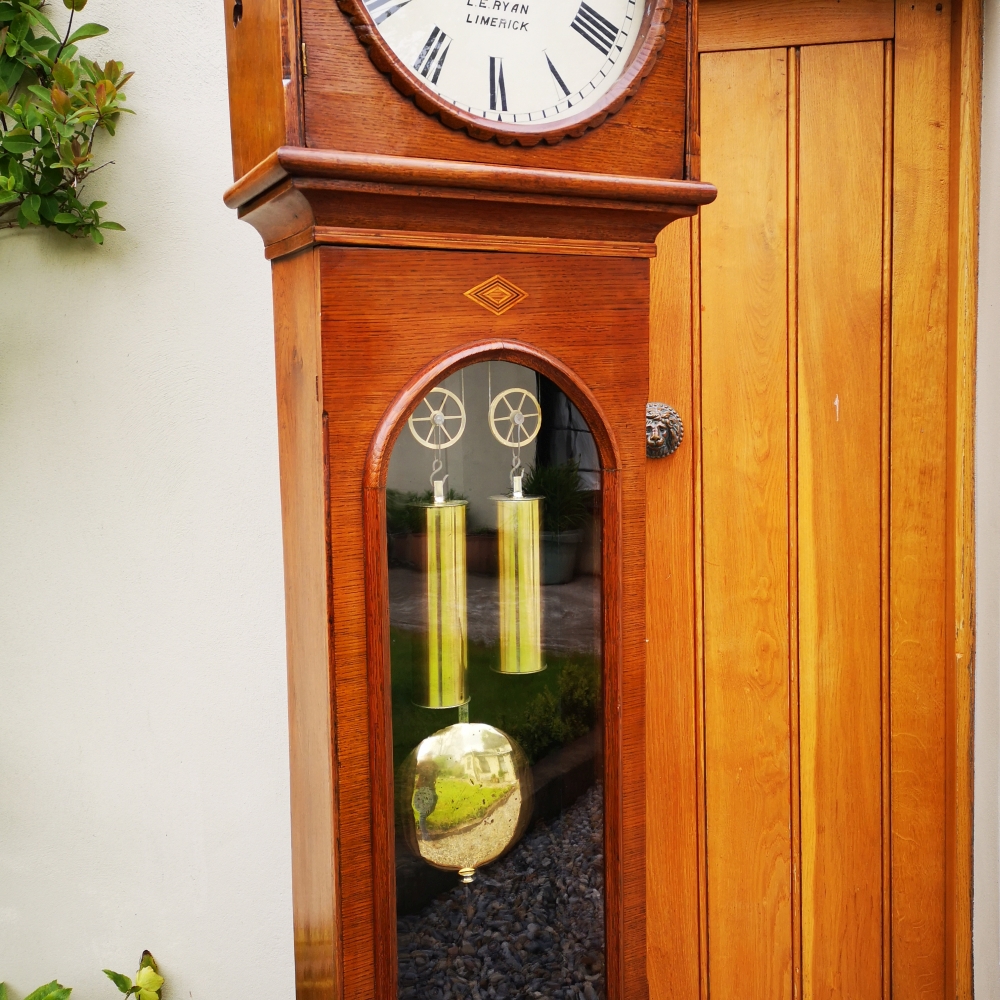 A VICTORIAN OAK CASED PROVINCIAL DOMESTIC REGULATOR GRANDFATHER CLOCK, name on the clock face: L. E. - Image 2 of 7