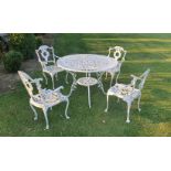 A GOOD QUALITY GARDEN SUITE OF FURNITURE, a circular table with four armchairs, white in colour, cas