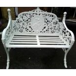 A PAIR OF WHITE COLOURED GARDEN BENCHES, with reclined classical lady figure panel to the back rest,