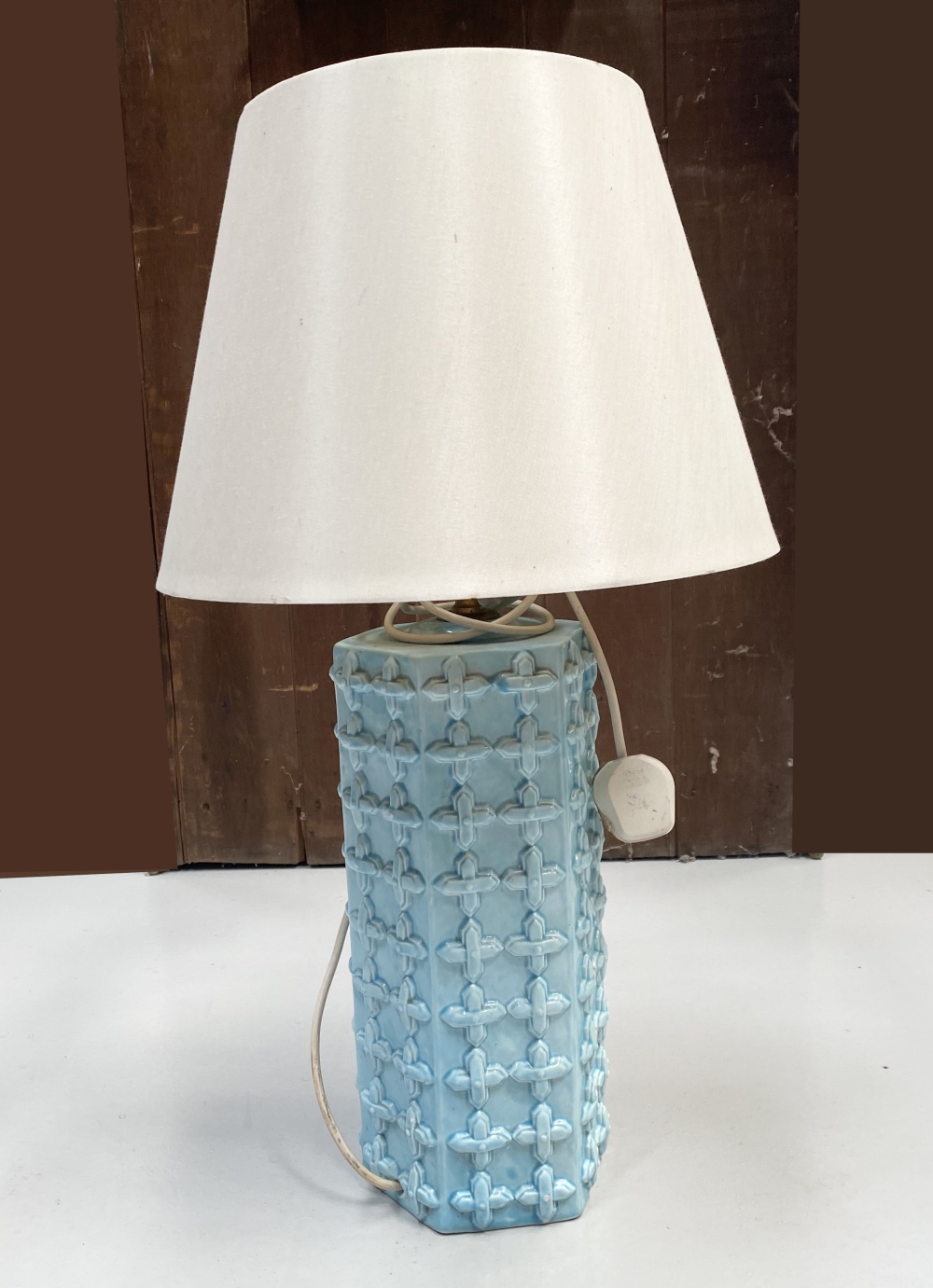 AN ART DECO IRISH CERAMIC POTTERY LAMP with Deco Dublin label to base ALONG WITH A MID CENTURY BLUE