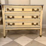 A GOOD FRENCH STYLE PAINTED THREE DRAWER CHEST, with brass swag handles and key plate, raised on sho
