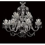 A 12 BRANCH GLASS CHANDELIER, 1m x 83cm approx.