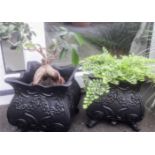 A PAIR OF BLACK COLOURED GARDEN PLANTERS, shaped body with foliage motif to the body. 12 x 12 x 12 i