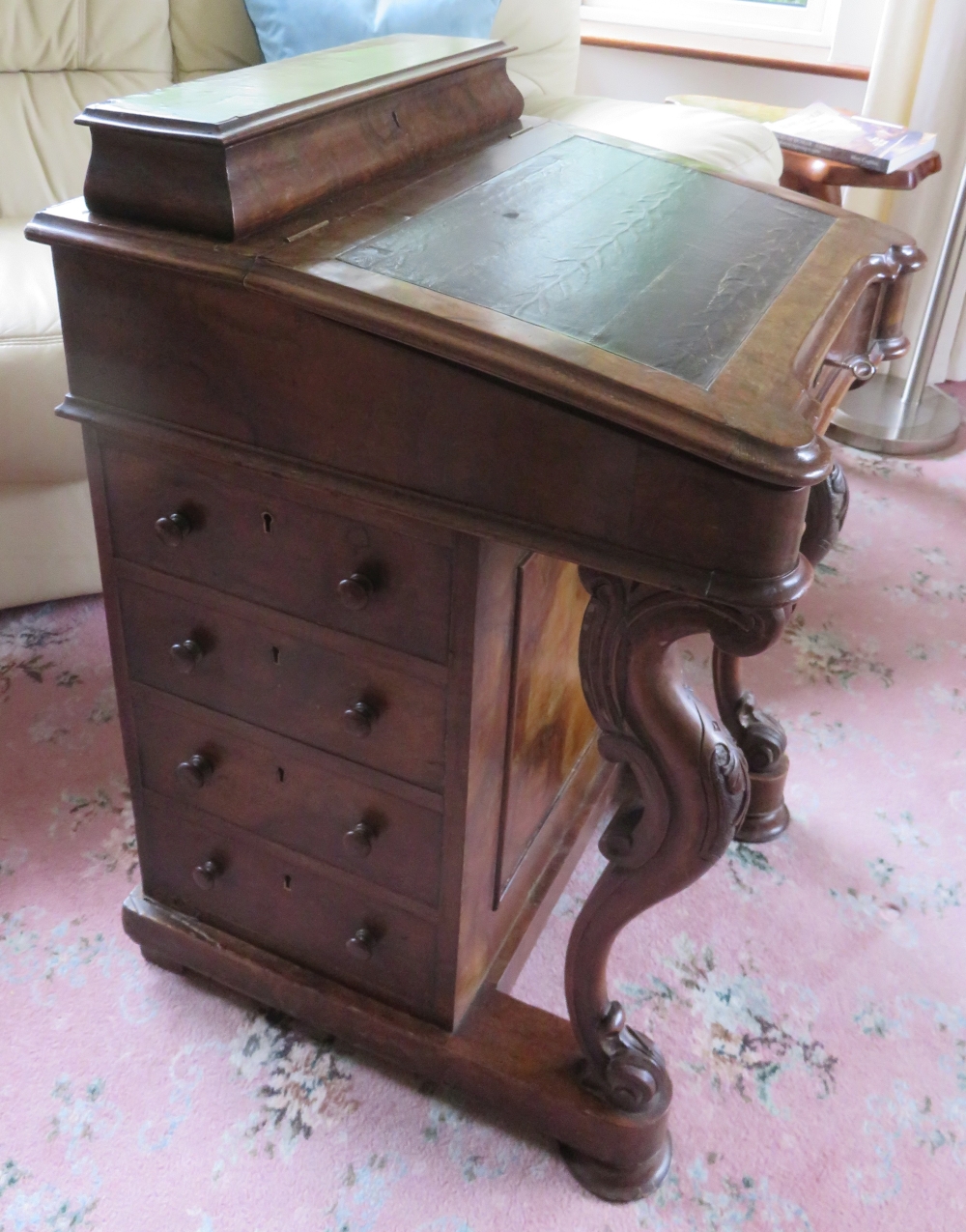 A GOOD VICTORIAN WALNUT DAVENPORT DESK, circa 1880s, the leather covered writing slope lifts up to r - Image 3 of 5