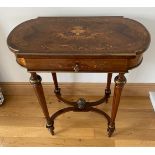 A VERY FINE ROSEWOOD CROSSBANDED & MARQUETRY INLAID SIDE TABLE, with bow ends, the top lifts to reve