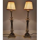 A PAIR OF GOOD QUALITY 19TH CENTURY EMPIRE STYLE POLISHED BRASS TABLE LAMPS, with shades, 54cm x 12.