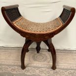 A GOOD MAHOGANY AND ROSEWOOD INLAID CURVED PIANO STOOL / WINDOW SEAT, with adjustable base having fo