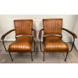 A PAIR OF LEATHER AND STEEL MODERN DESIGN ARM CHAIRS, each 67cm from arm to arm, 53cm from back to f