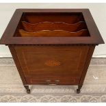 A FINE INLAID MAHOGANY CANTERBURY / MAGAZINE HOLDER, with a drawer to the base, decorated with denti