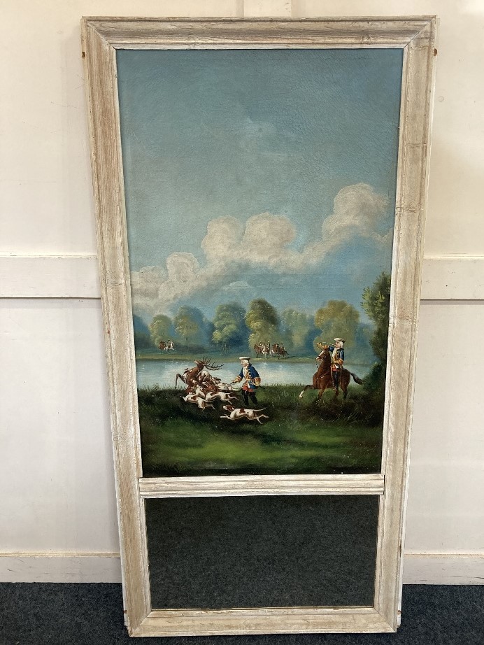 A rectangular pine framed Trumeau wall mirror, with an oil on canvas depicting a lake hunting