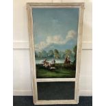 A rectangular pine framed Trumeau wall mirror, with an oil on canvas depicting a lake hunting