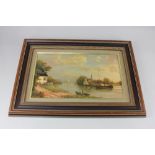 Maritime school, scenic river landscape with boats before a distant spire, oil on board, unsigned,