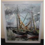 S Ramer, maritime scene of boats before a distant coastline, oil on canvas, signed, 78cm by 68cm