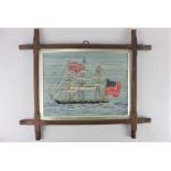 A woolwork picture of an American three-masted ship, in glazed frame, 20cm by 27.5cm