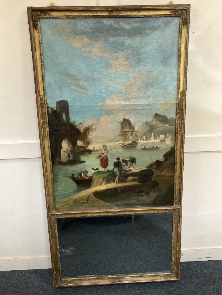 A rectangular gilt wood and gesso framed Trumeau wall mirror, with an oil on canvas depicting