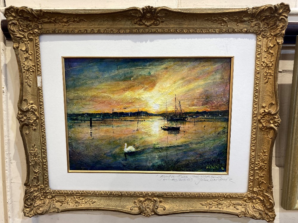John Hamper, swans on the harbour at sunset,'Gentle Glide - The Harbour', oil on board, inscribed,