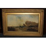 19th century school, ships sailing off a rocky headland, oil on canvas, unsigned, 45cm by 80cm (a/