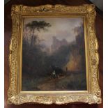 19th century school, arcadian scene with mother and child on a country road, palace beyond, oil on