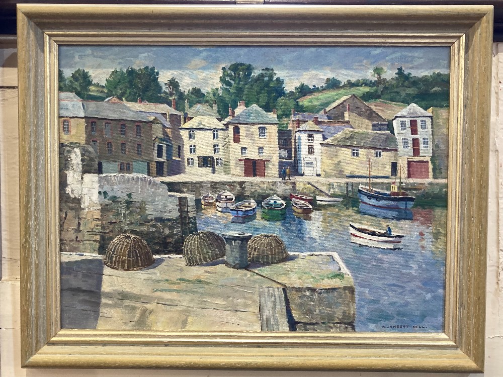 W Lambert Bell (1904-1983) view of Mevagissey from the harbour wall, oil on board, signed, 29cm by