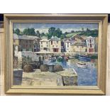 W Lambert Bell (1904-1983) view of Mevagissey from the harbour wall, oil on board, signed, 29cm by