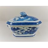 A Chinese porcelain blue and white tureen and cover, of rectangular canted form, decorated with