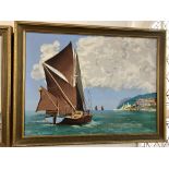 H Allard (20th century) sailing barges off a headland, probably Scarborough, oil on canvas, signed
