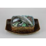 A George Jones majolica sardine dish and cover rectangular shape with boat shaped base, basket