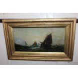 Marine school, fishing boats on stormy seas, oil, unsigned, 26cm by 53cm (a/f)