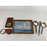 Two pairs of brass nautical dividers one by W & HC, another pair of navigational tools, a compass in