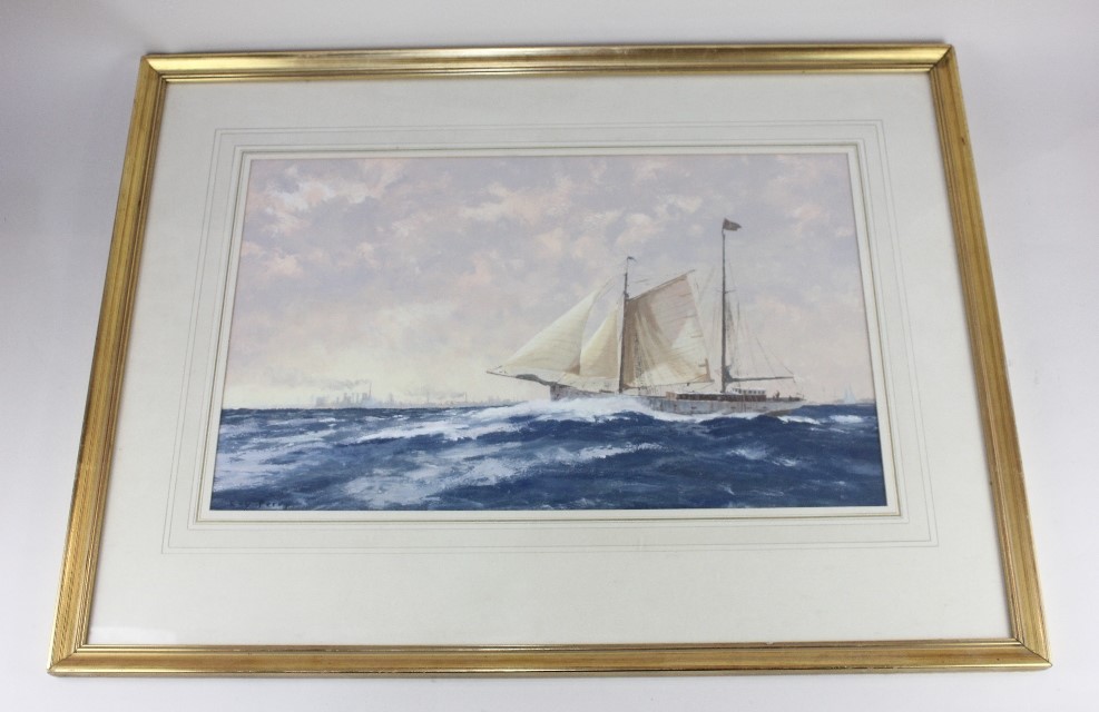 Roy Perry (1935-1993), boat sailing off a distant coastline, gouache, signed, 32cm by 53cm