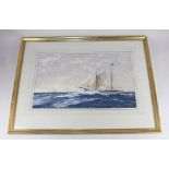 Roy Perry (1935-1993), boat sailing off a distant coastline, gouache, signed, 32cm by 53cm