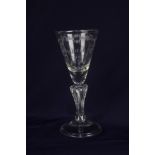 An 18th century style wine glass, the round funnel bowl engraved "Cornwall for ever 1746" within a
