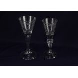 An 18th century style wine glass, the drawn funnel bowl engraved "Rich Spurgeon 1746" on teared stem